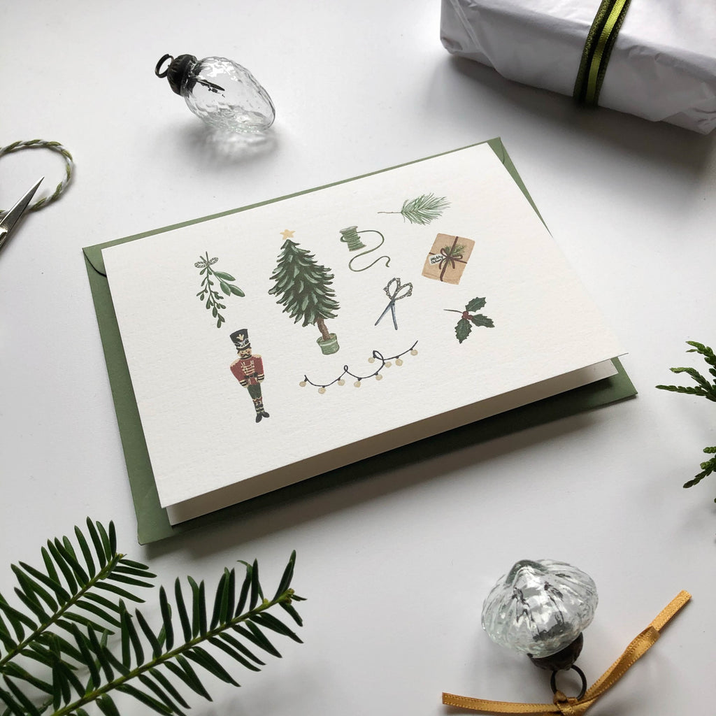 christmas card with baubles & pine branches