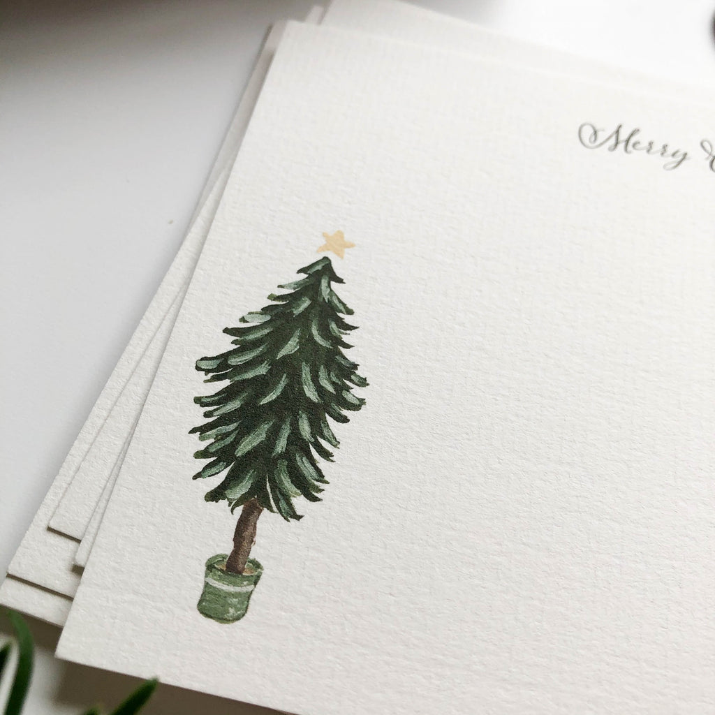 chrsitmas tree flat notecard set close up of illustration