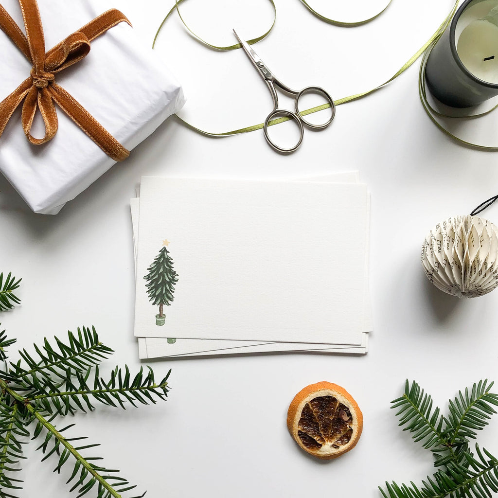 christmas tree flat notecards with gift wrap & pine branches