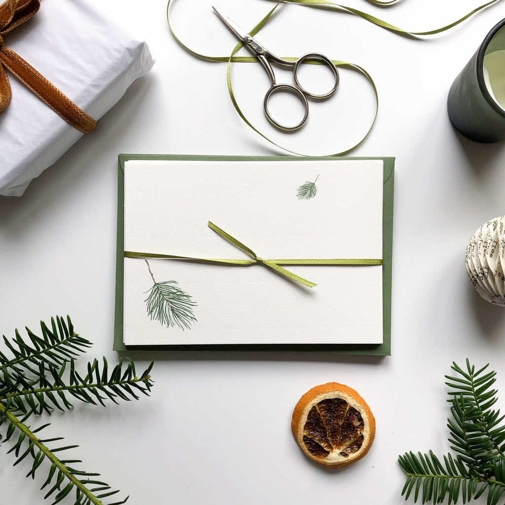 falling pine flat notecard set wrapped with ribbon