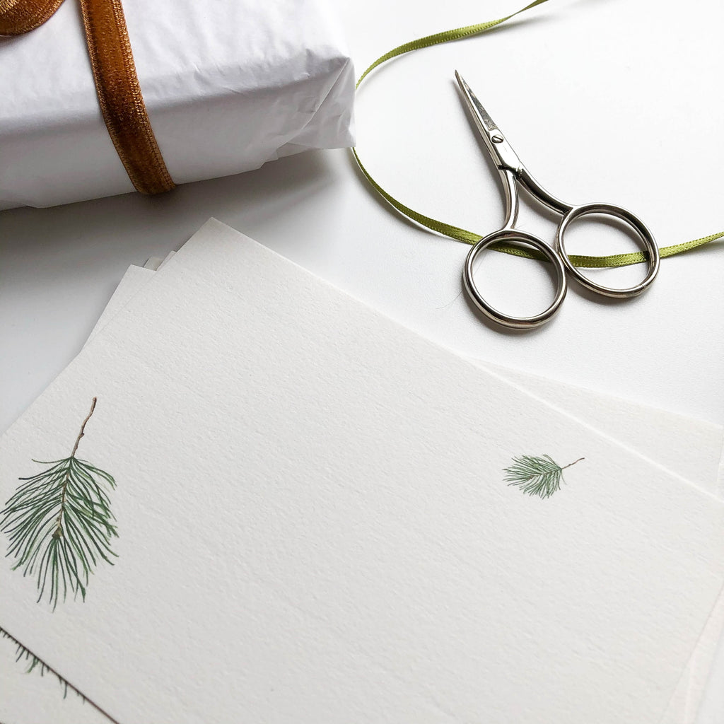 falling pine leaves flat notecard set with scissors & wrap close up