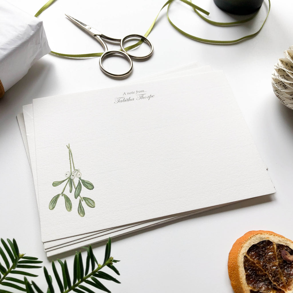 personalised christmas flat notecards hand illustrated with mistletoe foliage