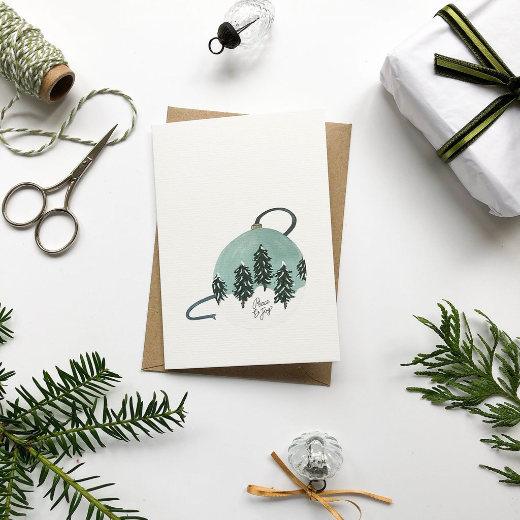 hand illustrated peace & joy bauble christmas card with envelope