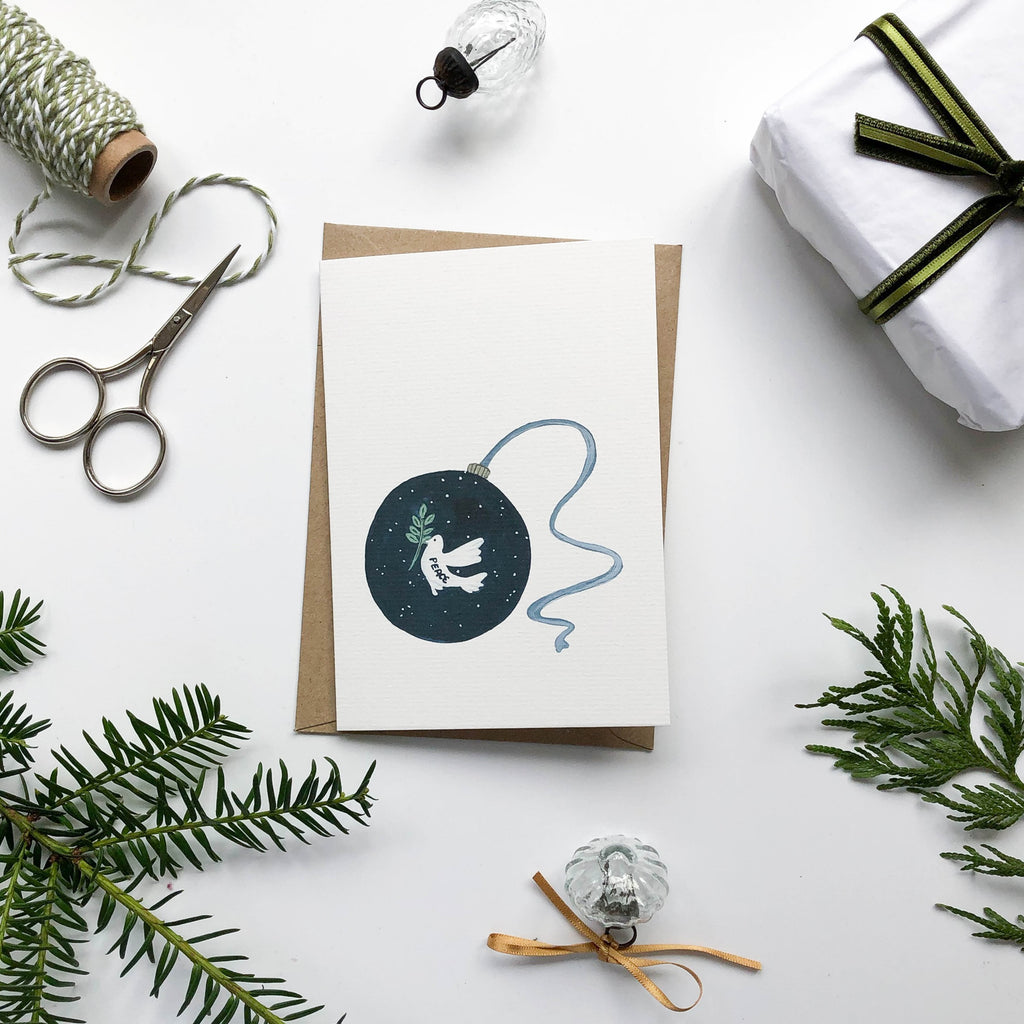 peace dove bauble hand illustrated christmas card with envelope & glass bauble