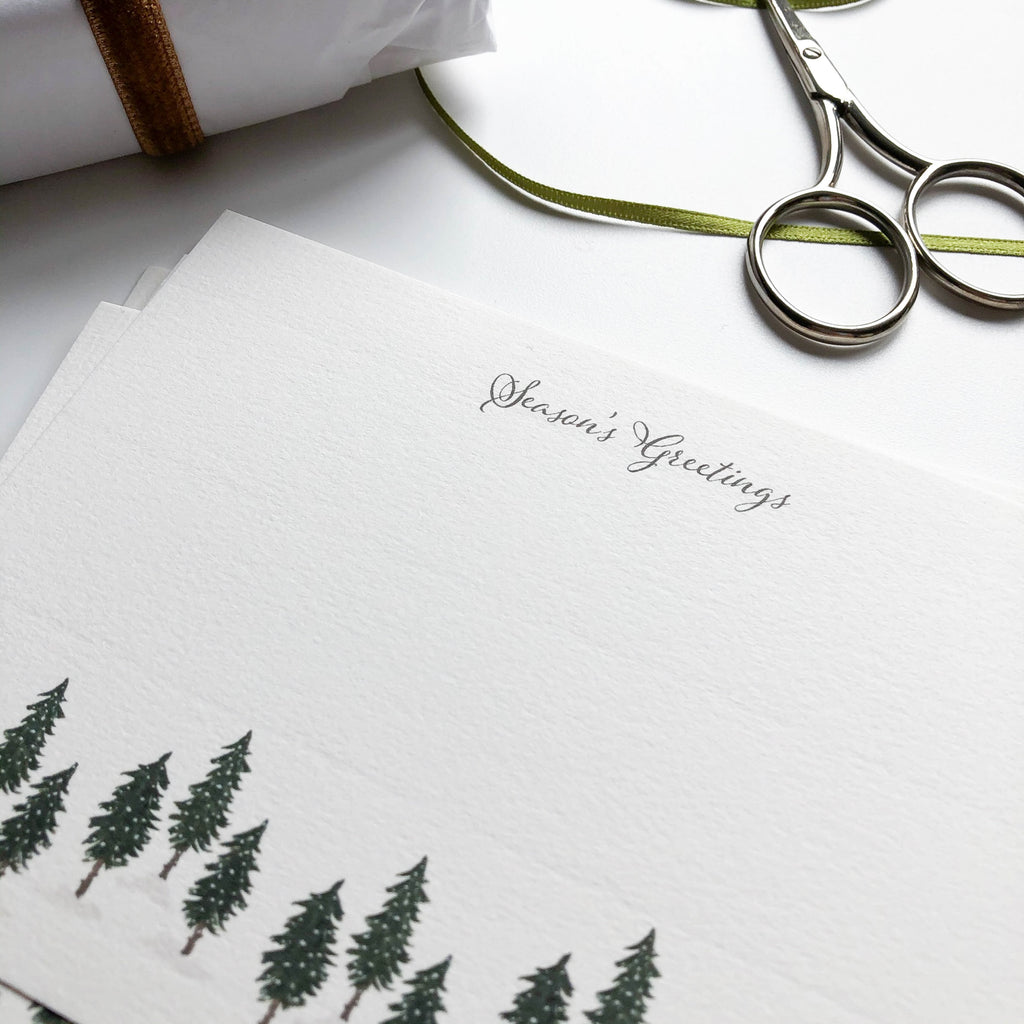 seasons greetings hand illustrated pine forest flat notecards close up